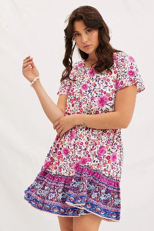 Boho Print Mini Dress Short Sleeve