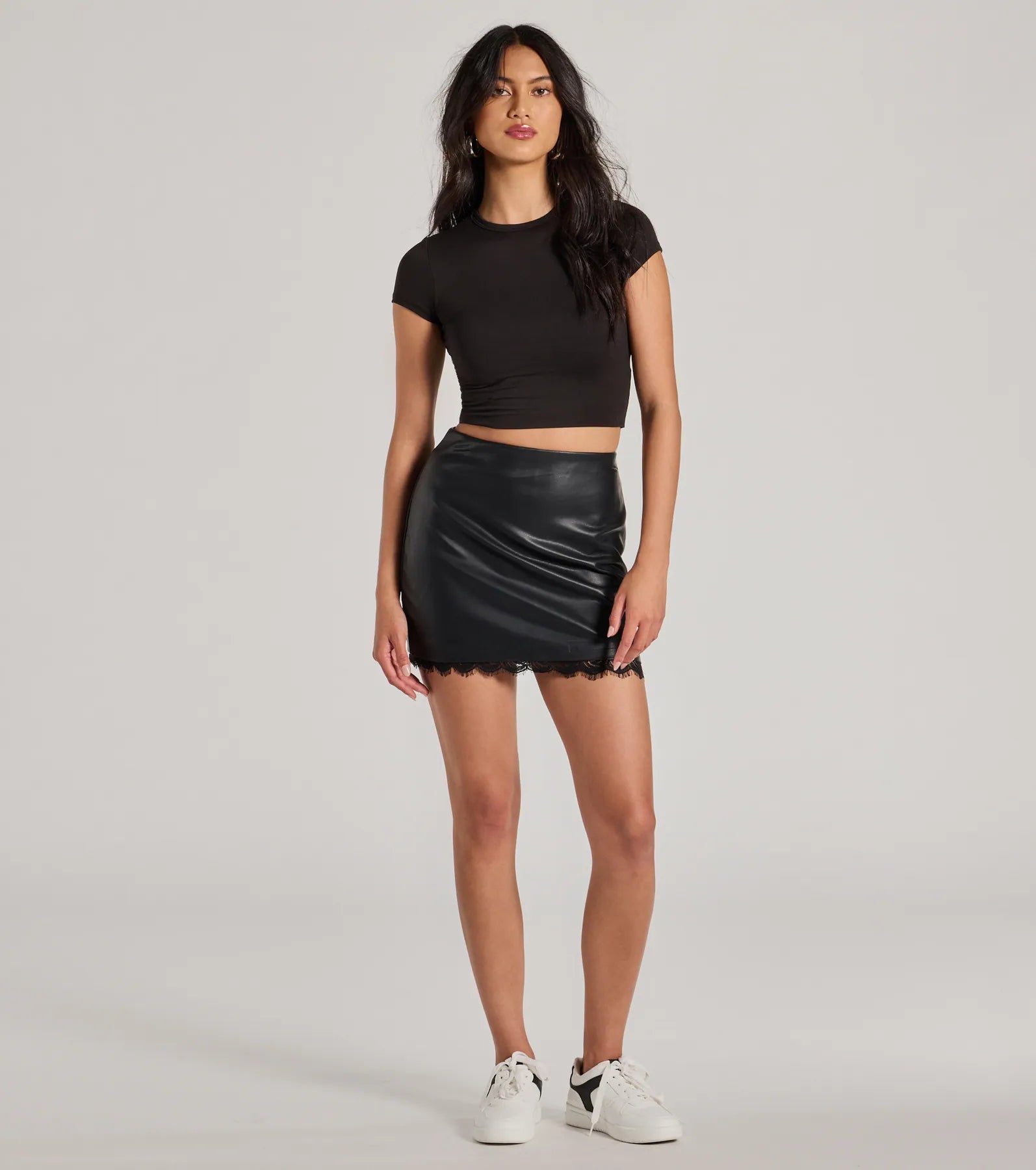 Gorgeous Design High Rise Lace Faux Leather Mini Skirt