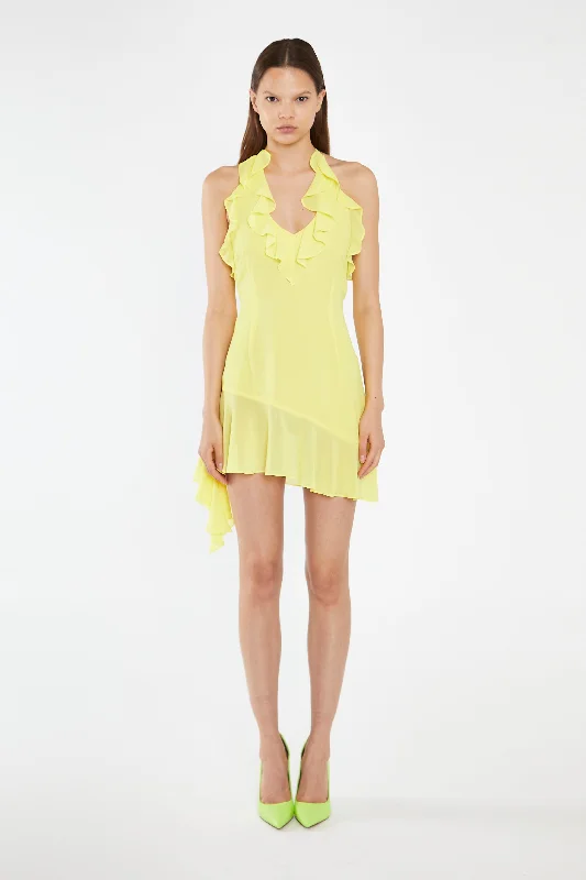 Neon-Yellow Ruffle Halterneck Mini-Dress