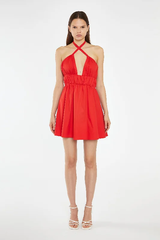 Poppy-Red Cross Over Halterneck Mini-Dress