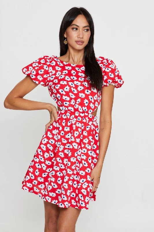 Print Mini Dress Short Sleeve Evening