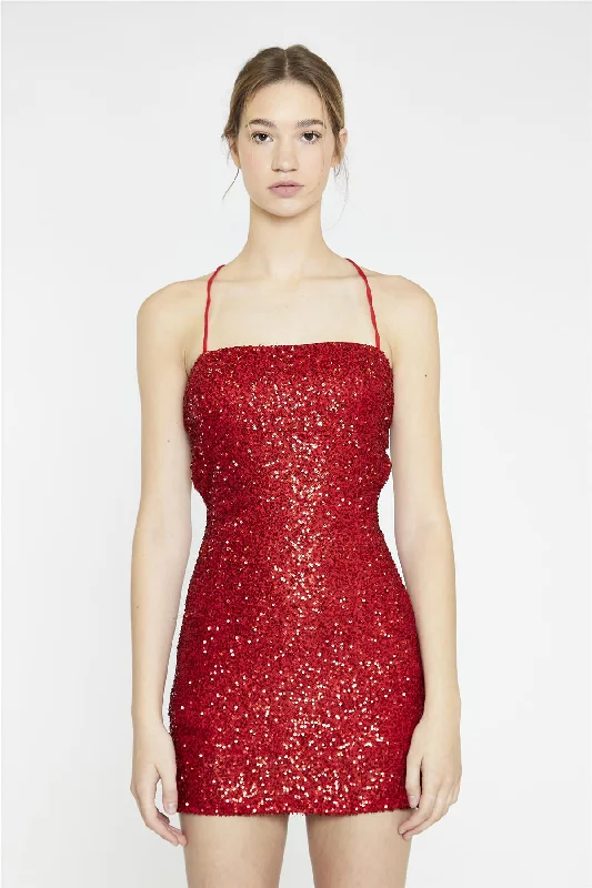 Red-Sequin Lace-Up Back Mini-Dress