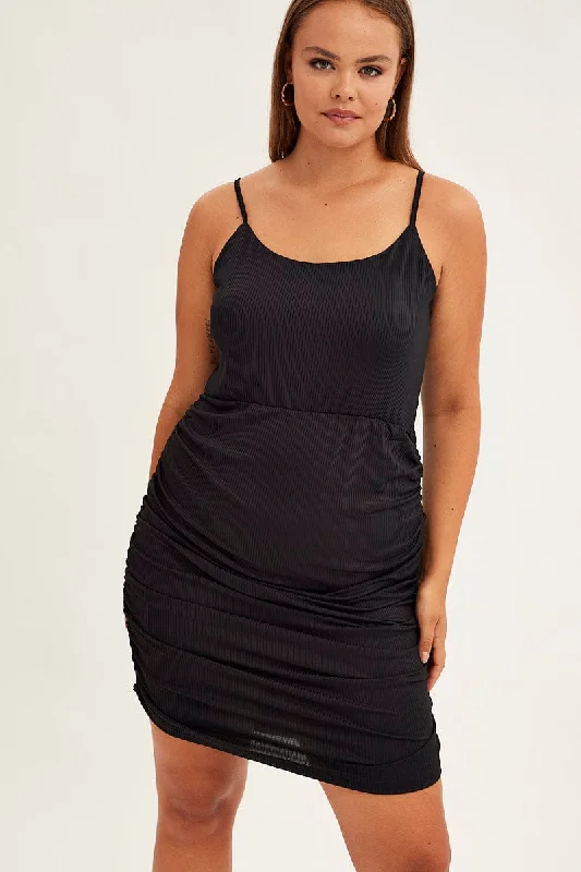 Black Midi Dress Sleeveless Drawstring Side