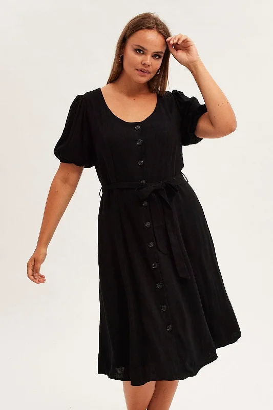 Black Short Sleeve Button Through Linen Blend Midi Dress