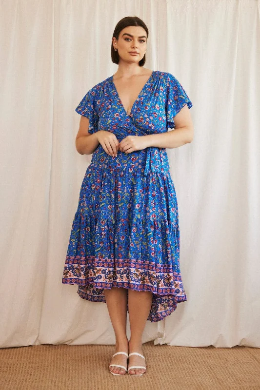 Blue Boho Midi Dress Short Sleeve Wrap Front