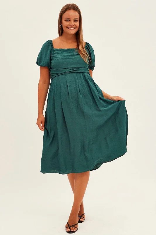 Green Midi Dress Puff Sleeve Square Neck Lined Textured