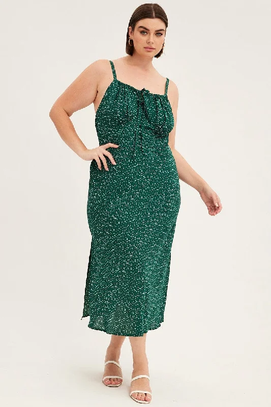 Green Polka Dot Midi Dress Sleeveless Ruched Bust