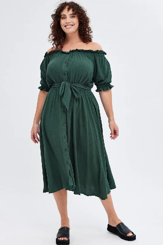 Green Short Sleeve Linen Button Midi Dress