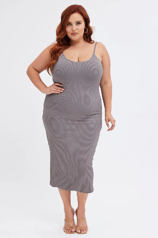 Grey Rib Jersey Midi Dress Tie Waist