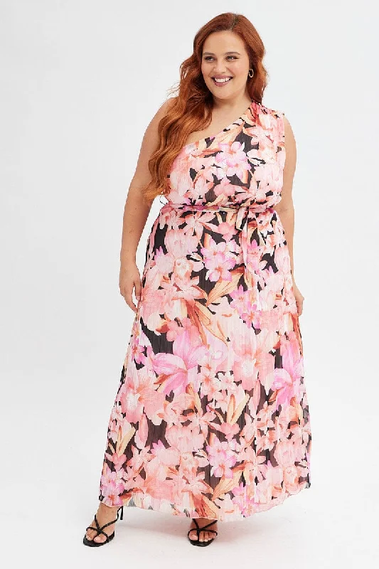 Orange Floral Midi Dress One Shoulder