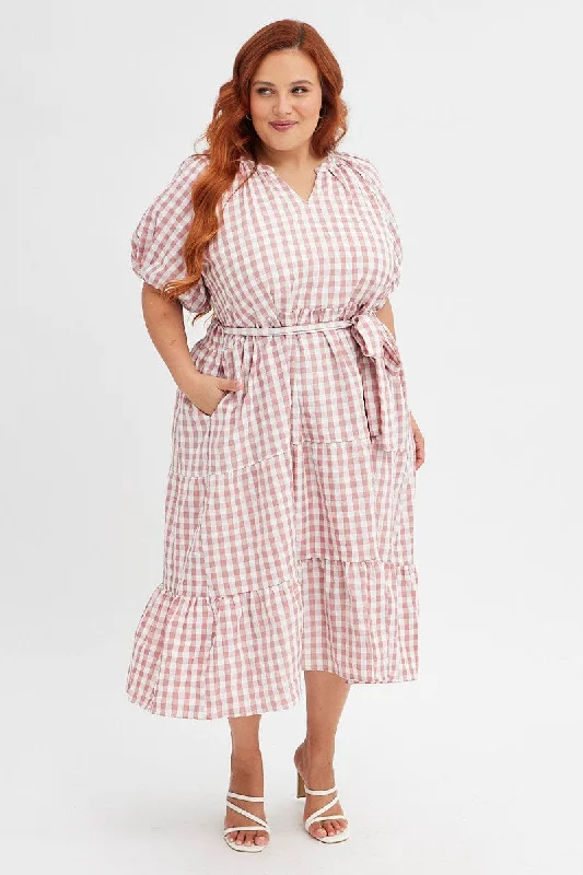 Pink Check Midi Dress Gingham Tie Waist Collared