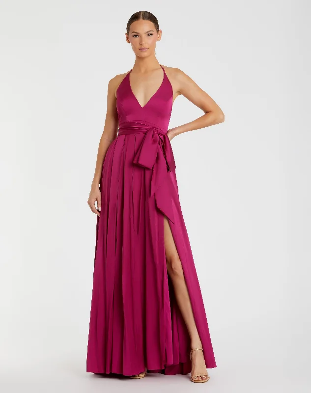 Charmeuse Halter Strap Soft Tie Waist Gown