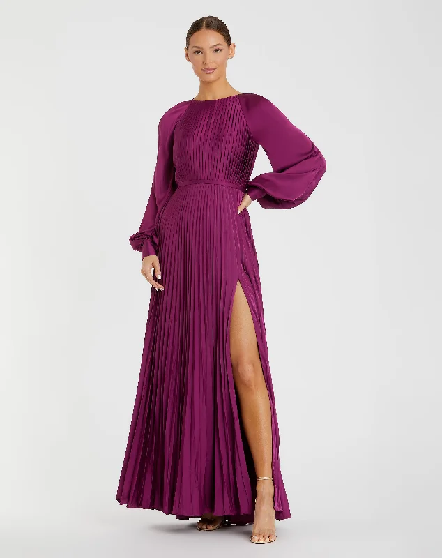 Purple Pleated High Neck Raglan Long Sleeve Side Slit Gown