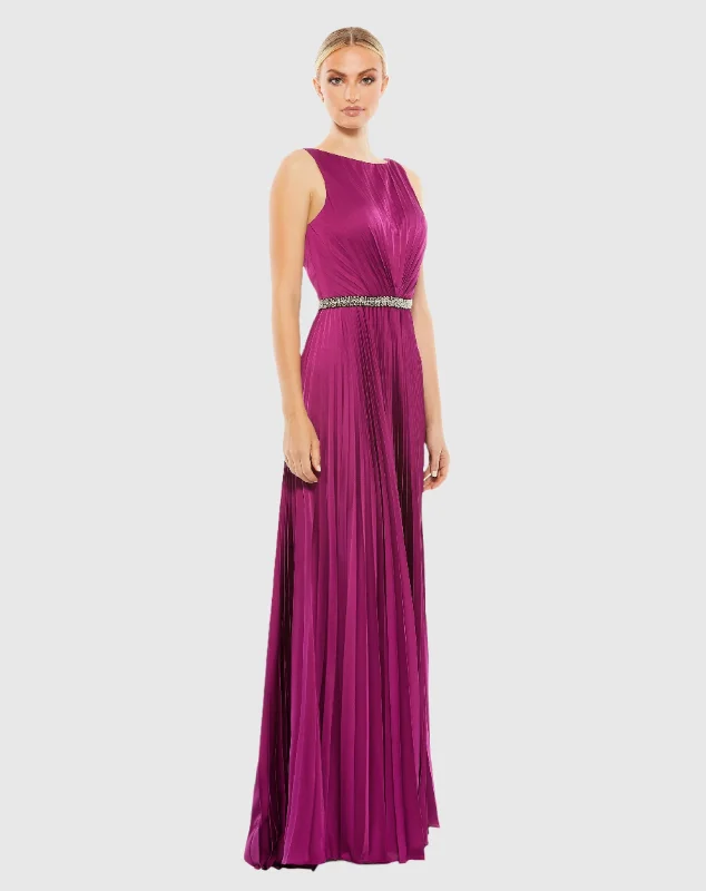 Pleated Sleeveless Bateau Gown