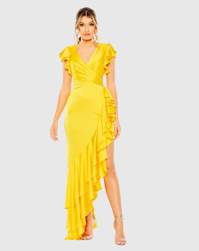 Flutter Sleeve Cut Out Asymmetrical Ruffled Gown