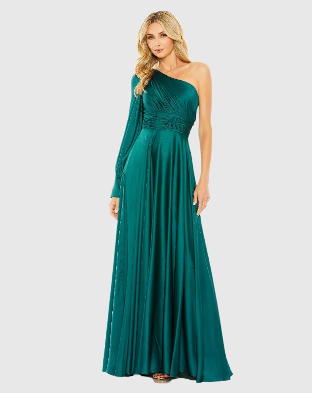 One Shoulder Bishop Sleeve Flowy Gown