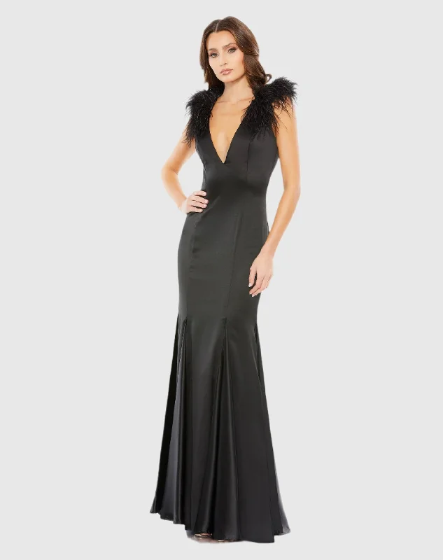 Feather Shoulder V-Neck Column Gown