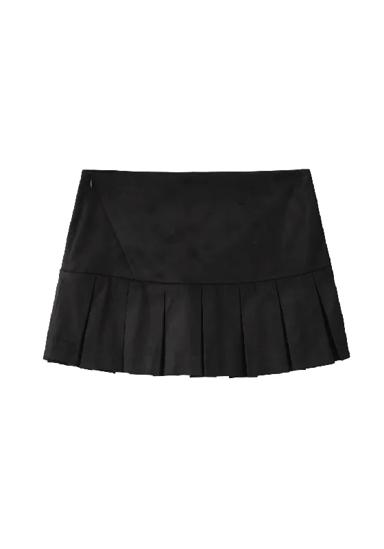 Asymmetric Zip Suede Pleated Skirt