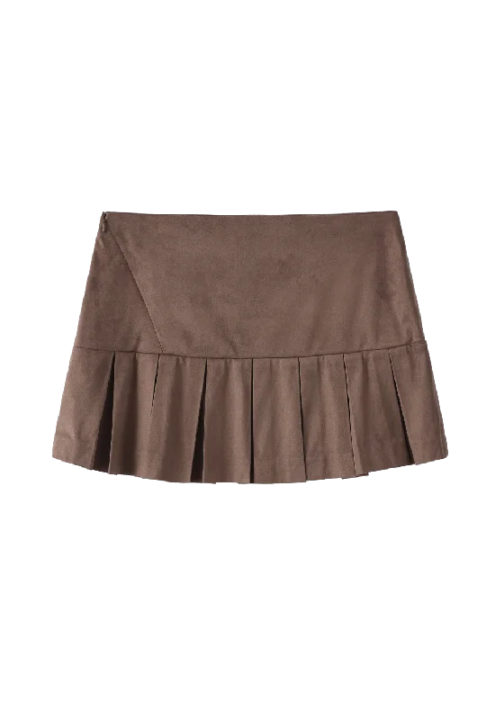 Asymmetric Zip Suede Pleated Skirt