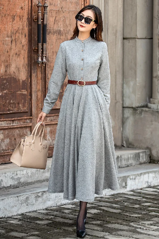 Autumn Winter Grey Long Wool Dress 3857