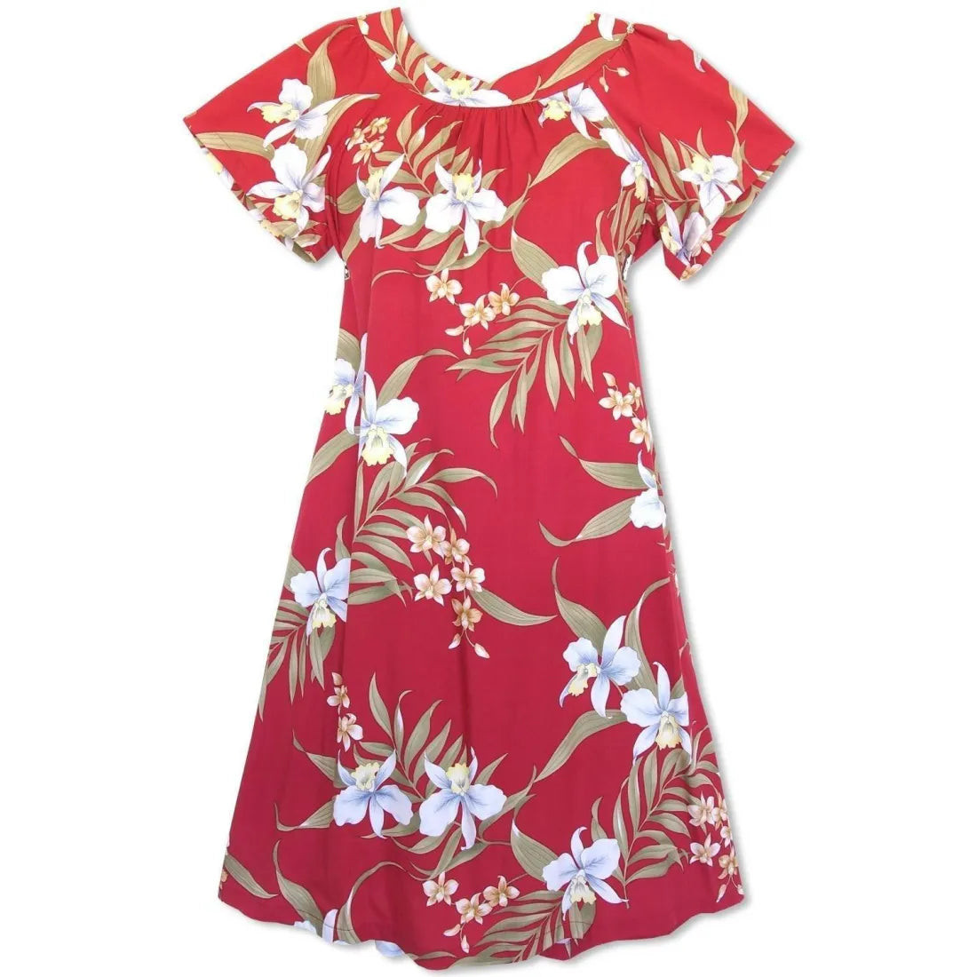 Bamboo Orchid Red Hawaiian Rayon Tea Muumuu Dress