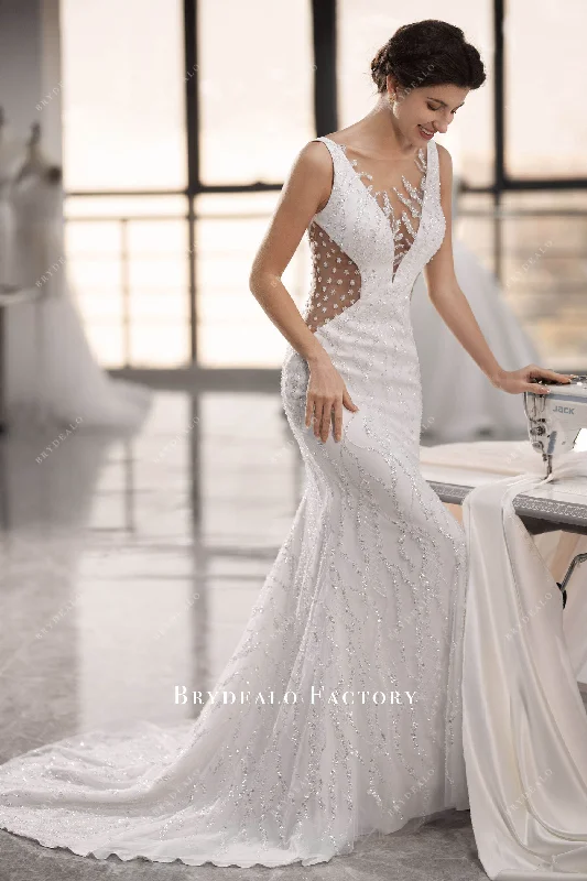 Beaded Lace Cutout Long Mermaid Wedding Dress