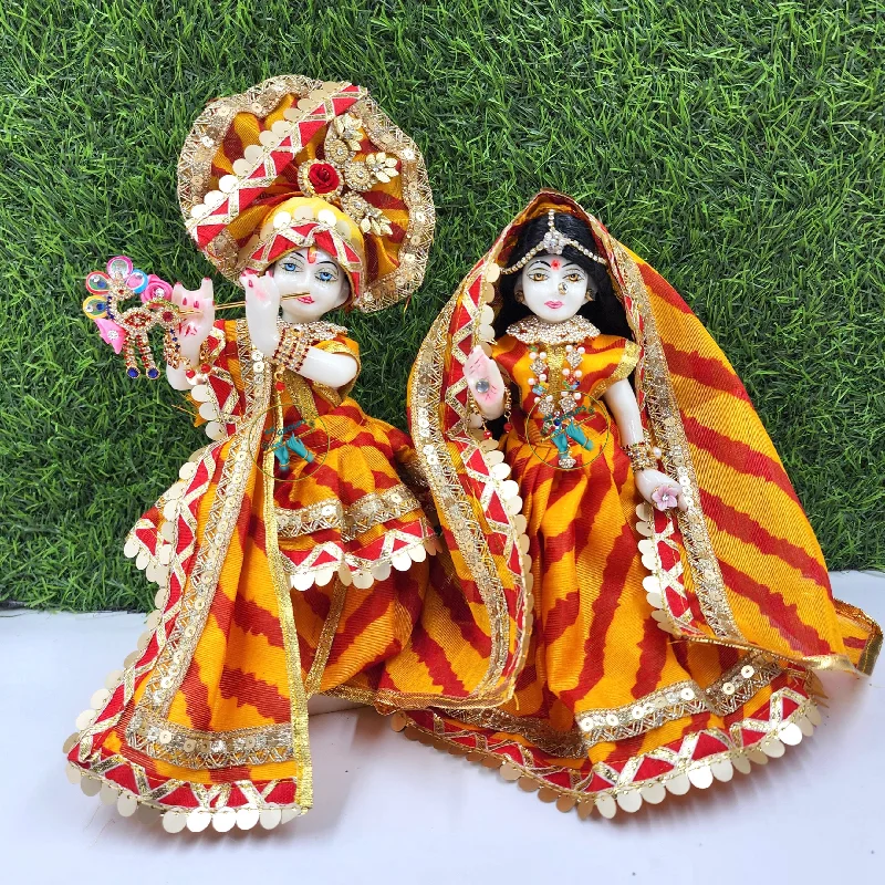 Beautiful yellow red lehariya dress for radha krishna  (Sizes are according to idol height)