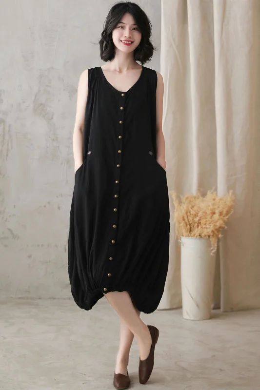 Black Oversized Bubble Linen Dress 272801