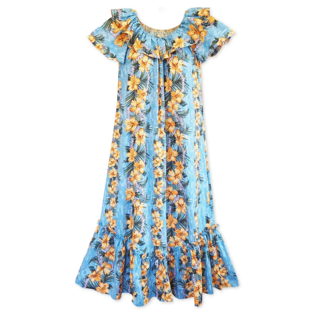 Blue Flourish Long Ruffle Hawaiian Muumuu Dress