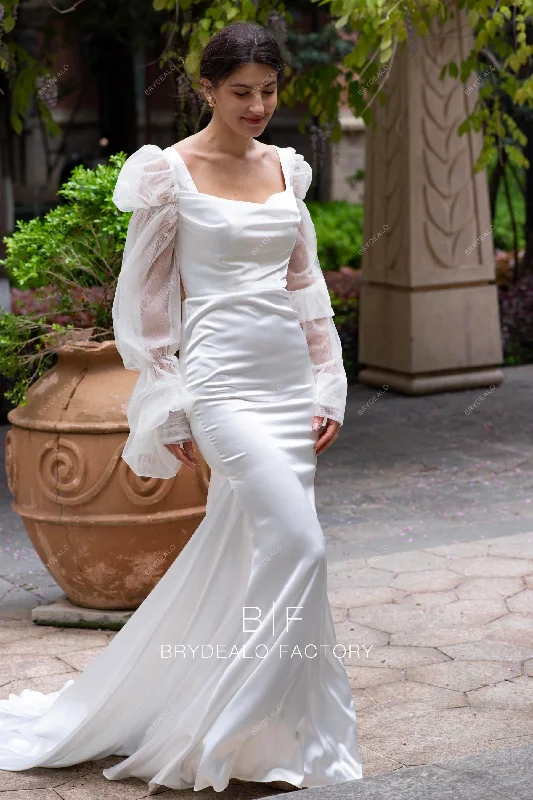 Trendy Illusion Bubble Sleeve Satin Designed Mermaid Wedding Dress