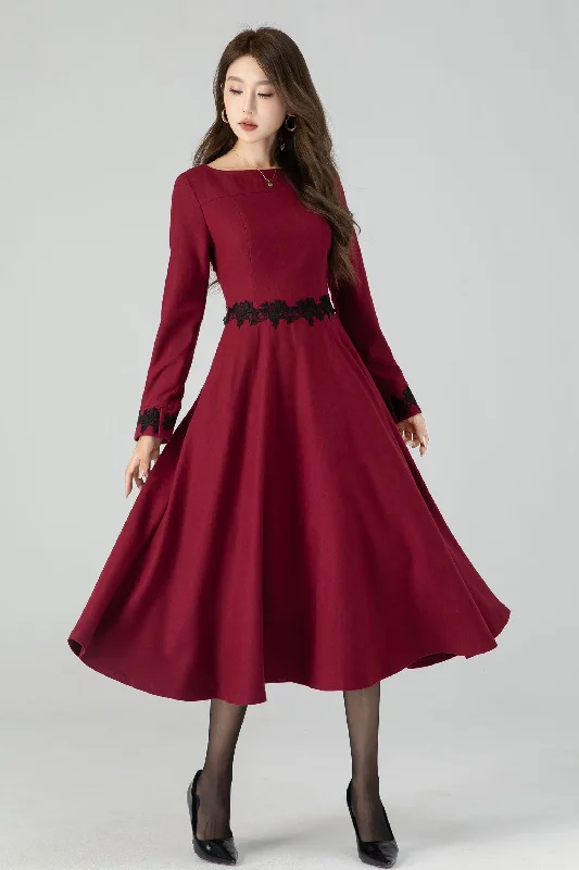 Burgundy midi winter wool dress with lace details 4544