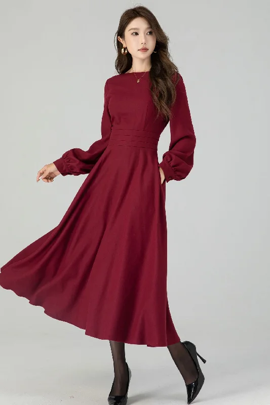 Burgundy swing winter wool dress for women 4550