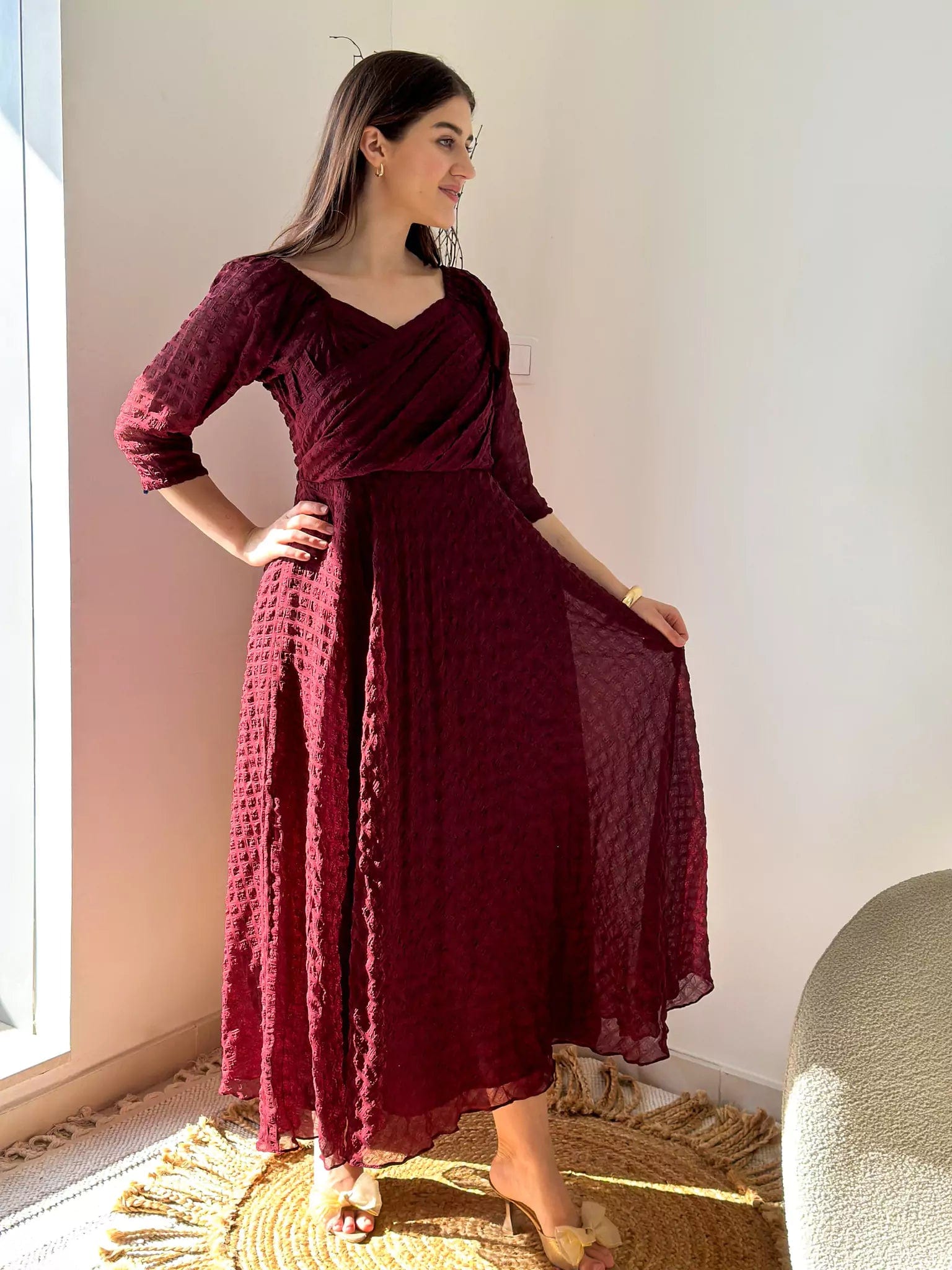 Caroline Texture Dress - Maroon