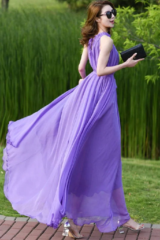 Purple Halter Maxi Swing Chiffon Dress 2922