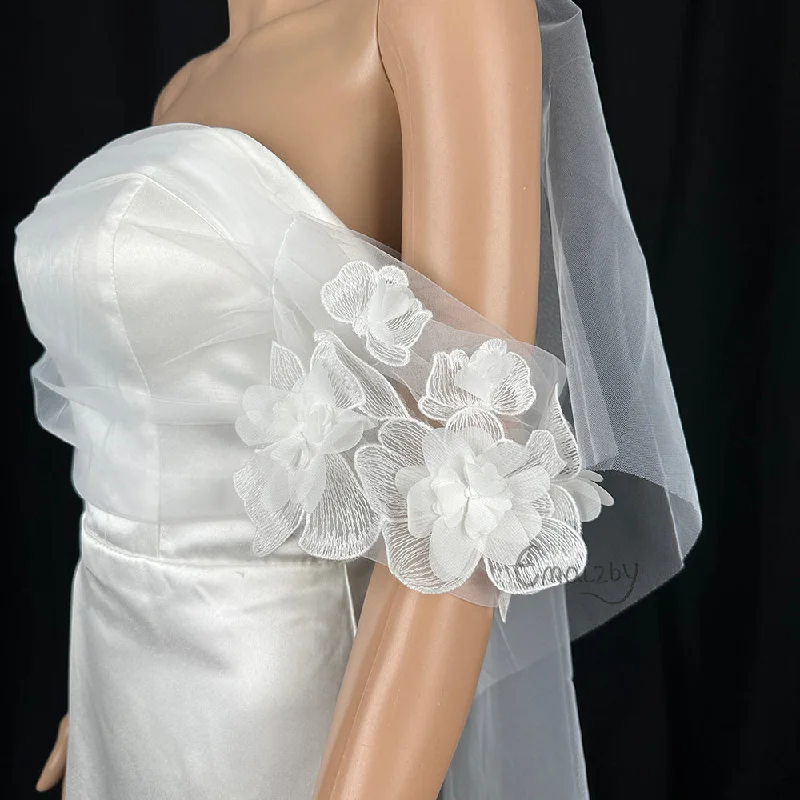 Customizable wedding dress topper flower detachable sleeves,sheer tulle top