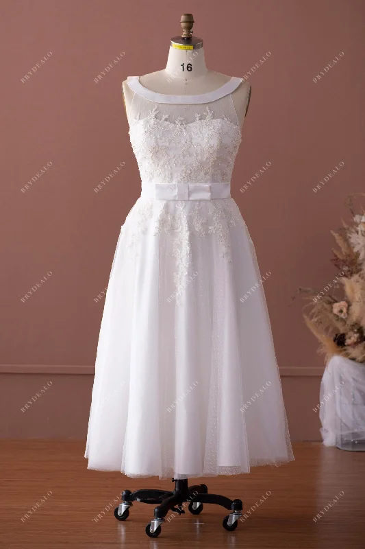 Cute Hollywood Tea Length Lace Wedding Dress