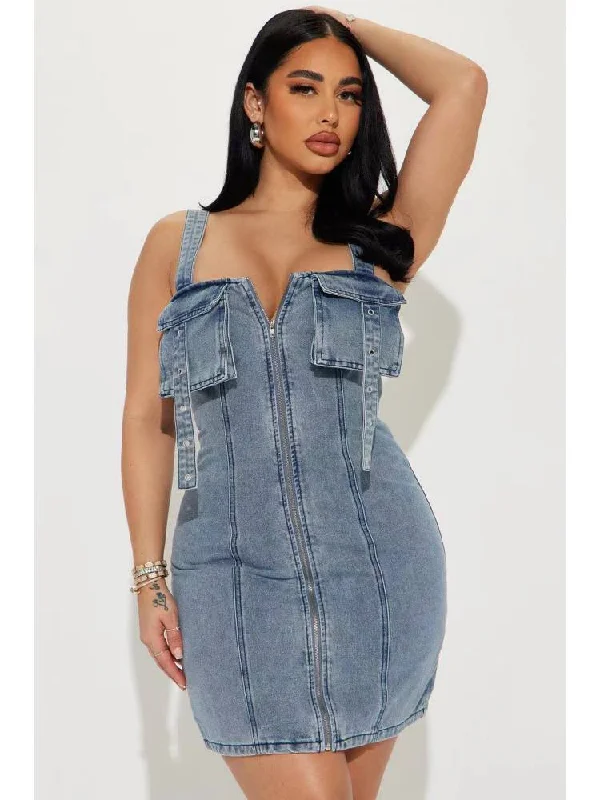 Denim Zipper Duffel Bag Sleeveless Dress