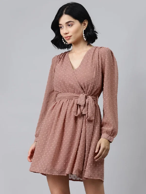 Dusty Pink Wrap Full Sleeves Dress