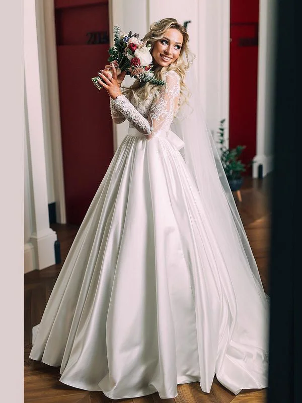 Elegant A-line Satin Appliques Lace Wedding Dresses With Long Sleeves WD573