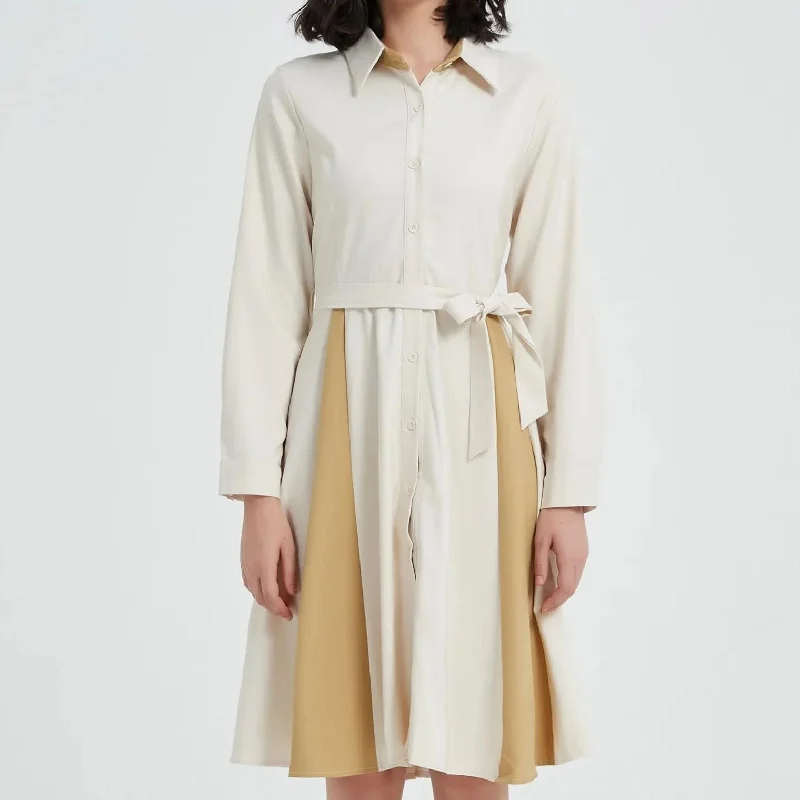 Elegant Beige A-line Long Sleeve Dress with Belt