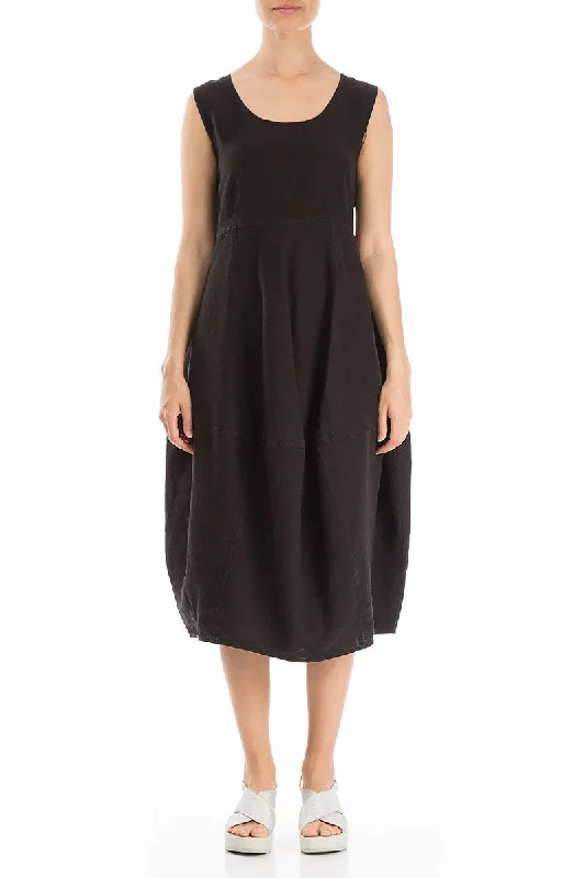 Evergreen Balloon Black Linen Dress