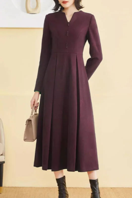 Fit and flare long wool dress women 4794