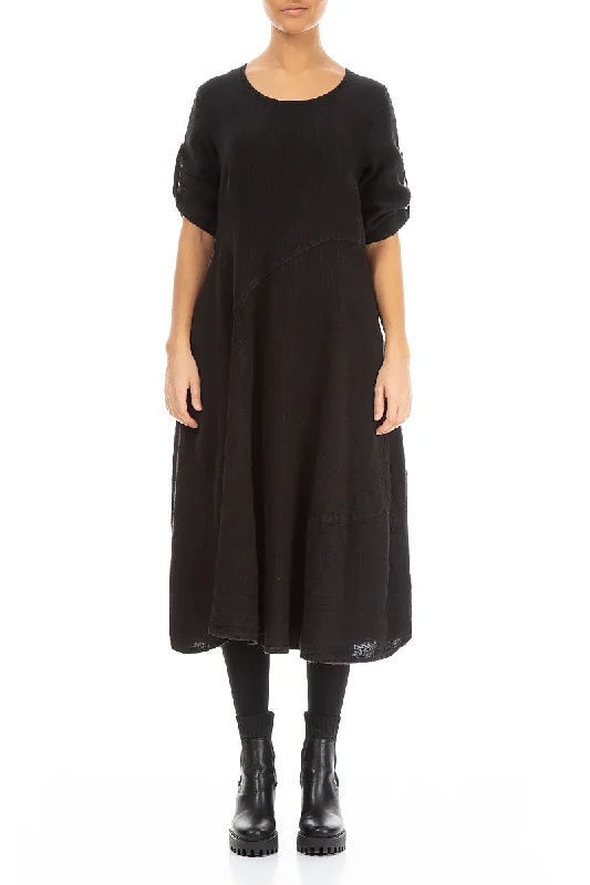 Flared A-Line Black Mélange Linen Dress