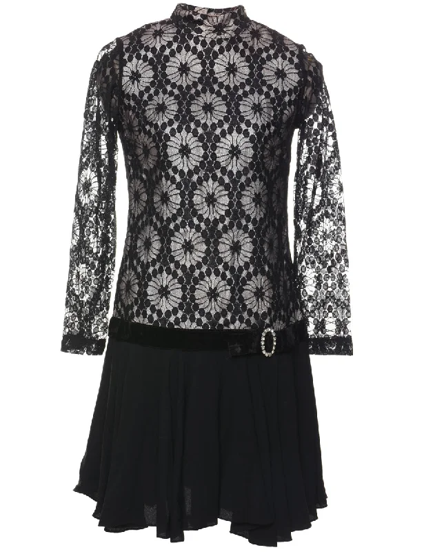 Floral Print Black & Grey Diamante Belt Dress - M