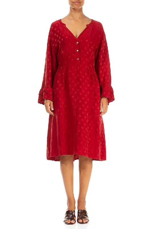 Front Buttons Flared Red Silk Linen Dress