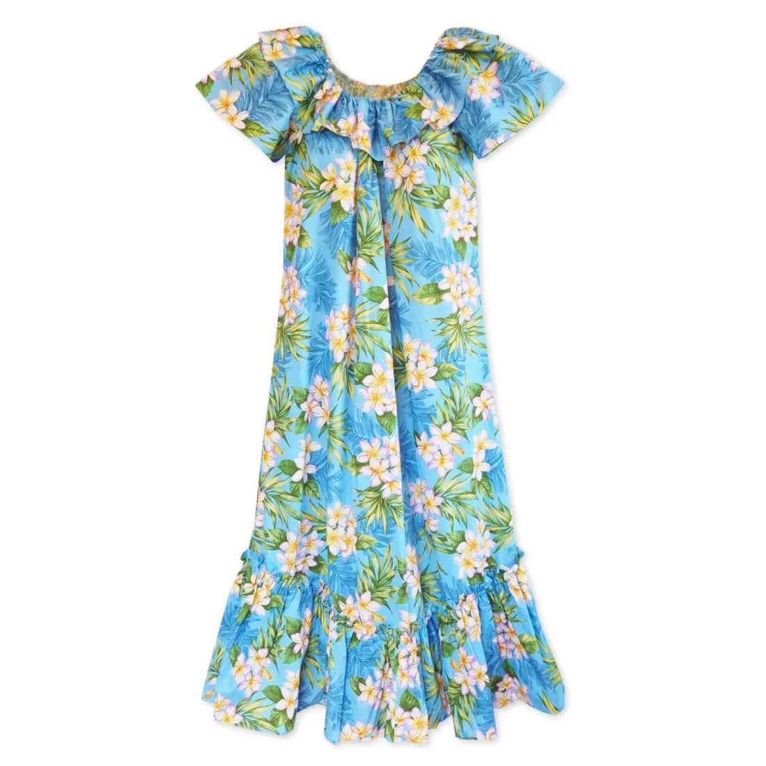 Gardens Blue Long Ruffle Hawaiian Muumuu Dress