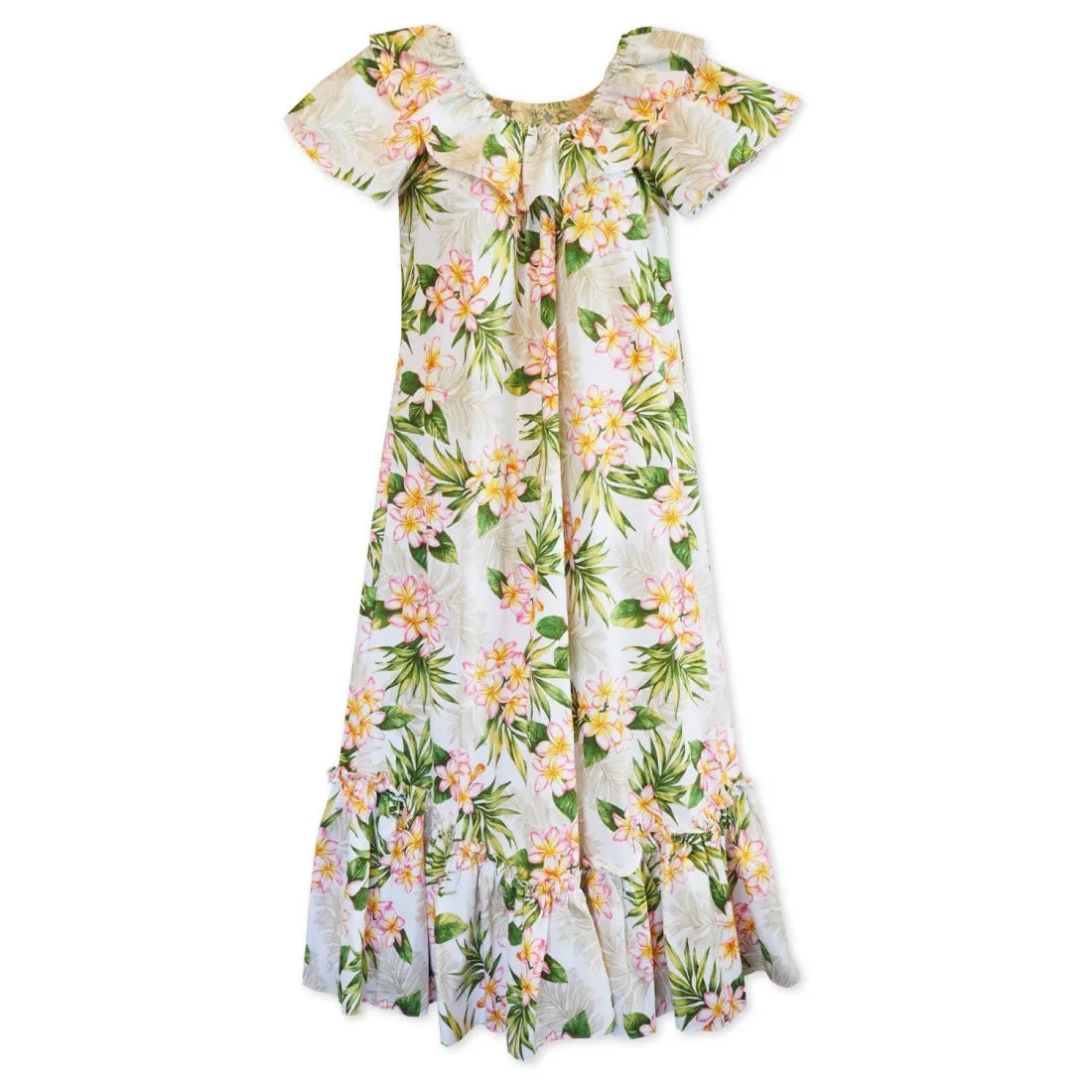 Gardens Cream Long Ruffle Hawaiian Muumuu Dress