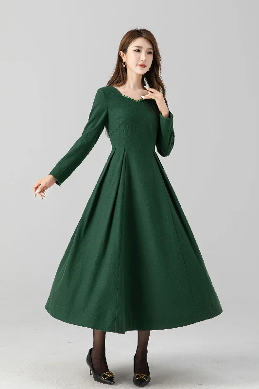 Green fit and flare midi wool dress women 4670