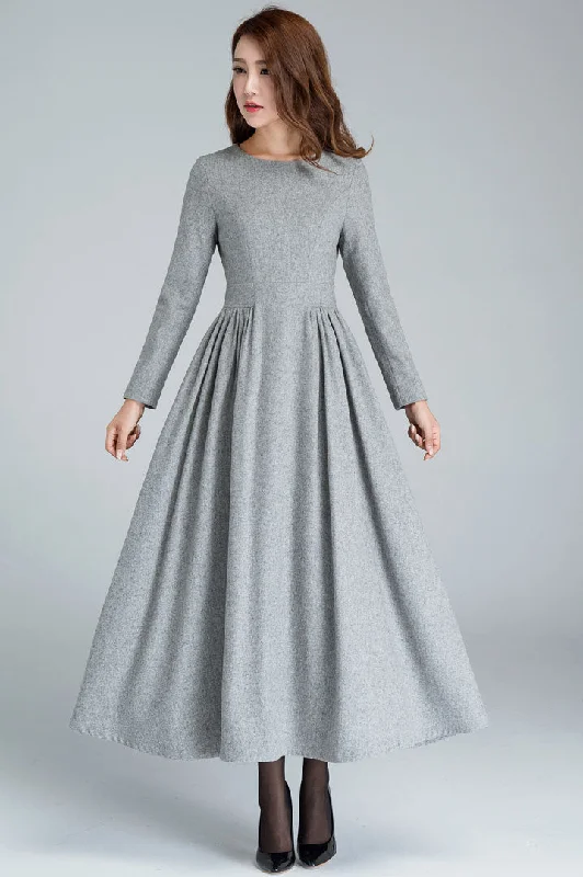 Grey pleated long wool dress 1617