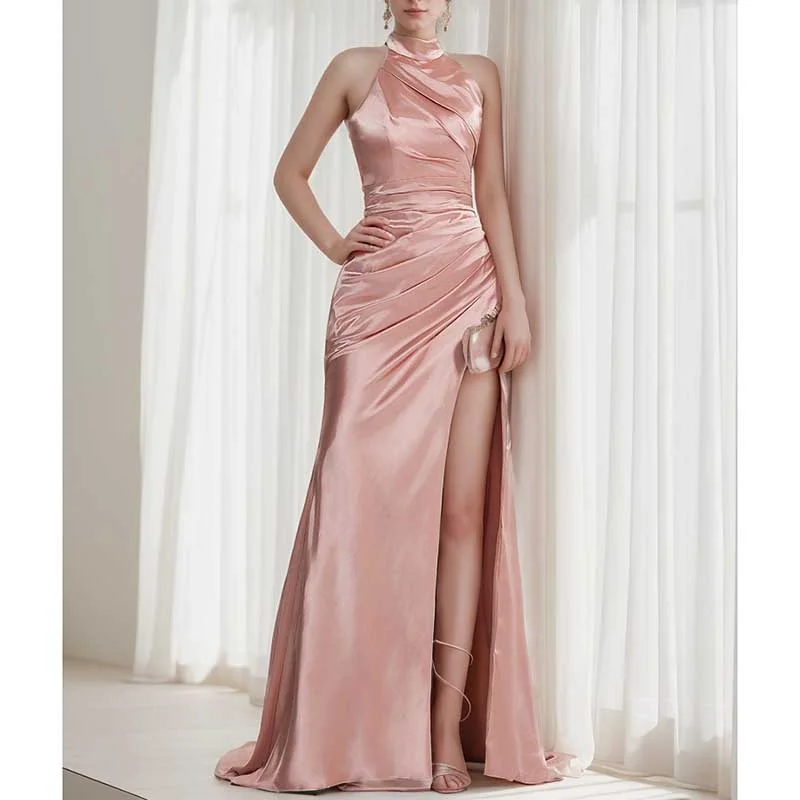 Halter Satin Fitted Prom Dress Split Long Bridesmaid Dress